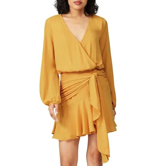 Krisa Tie Waist Surplice Dress in Golden Yellow Size XS - Picture 1 of 4